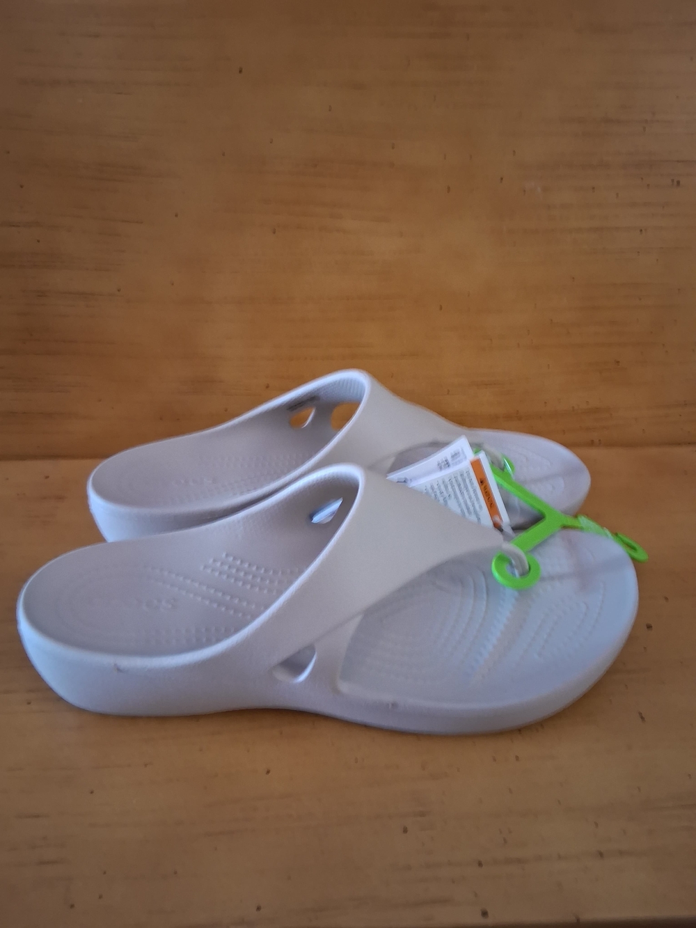 CROCS Women's Light Gray Slip-On Sandals with Neon Green Tag